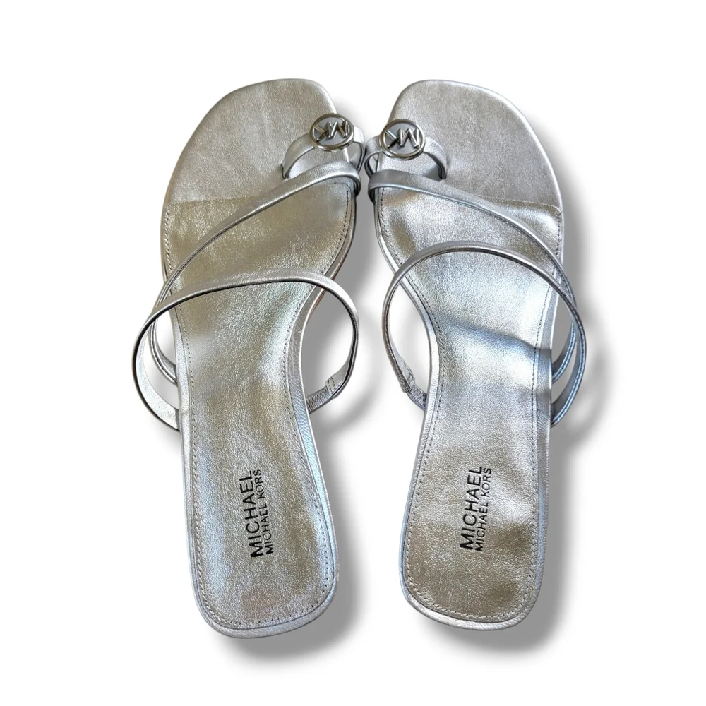 Michael Kors | BNIB Mid Letty Metallic Silver Strappy Toe Post Kitten Heels - Picture 3 of 13